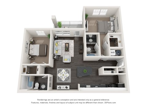 Floor plan for 2 beds, 2 baths, 1039 sqft